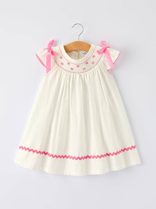 White Girls Dress with Pink Bow Embroidery
