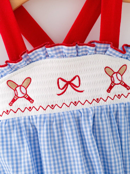 Baby Girls Baseball Smocked Romper – Blue Plaid Summer Outfit