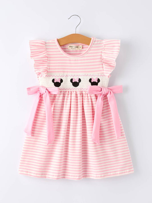 Stripe Girls Dress Bow Smocked Ruffle Sleeve